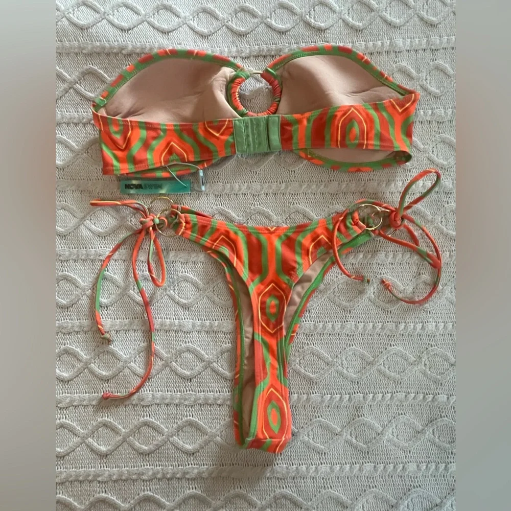 Fashion Nova Orange & Green Bikini Thong Metal Hardware on Hips Women’s SZ L - Picture 4 of 11